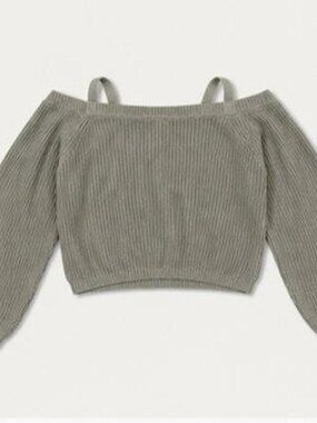 IJOAH Sage Grey Ribbed Off Shoulder Cropped Knit Sweater Bardot Y2K L